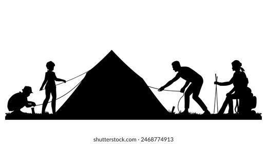 Family silhouettes. Father, mother and children set up a tent in the forest. Vector illustration