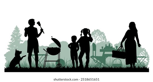 Siluetas familiares. Padre, madre e hijos tuvieron un picnic en la naturaleza. Ilustración vectorial	
