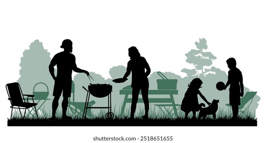 Siluetas familiares. Padre, madre e hijos tuvieron un picnic en la naturaleza. Ilustración vectorial	
