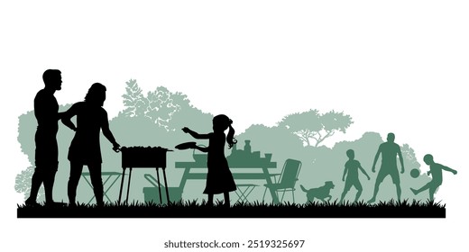 Family silhouettes. Father, mother and children had a picnic in nature. Vector illustration	