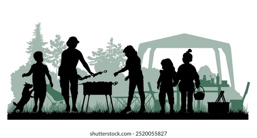 Family silhouettes. Father, mother and children had a picnic in nature. Vector illustration	
