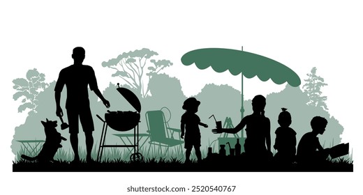 Siluetas familiares. Padre, madre e hijos tuvieron un picnic en la naturaleza. Ilustración vectorial