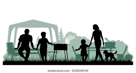 Family silhouettes. Father, mother and children had a picnic in nature. Vector illustration