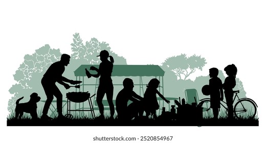 Family silhouettes. Father, mother and children had a picnic in nature. Vector illustration	