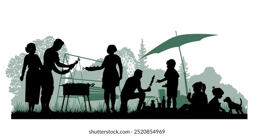 Family silhouettes. Father, mother and children had a picnic in nature. Vector illustration	