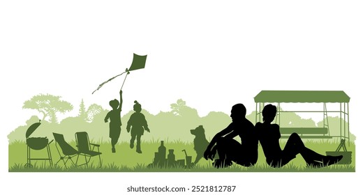 Siluetas familiares. Padre, madre e hijos tuvieron un picnic en la naturaleza. Ilustración vectorial	
