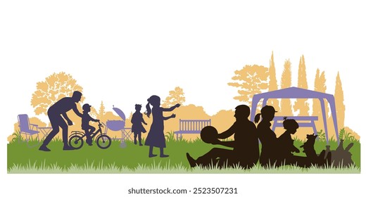 Family silhouettes. Father, mother and children had a picnic in nature. Vector illustration	