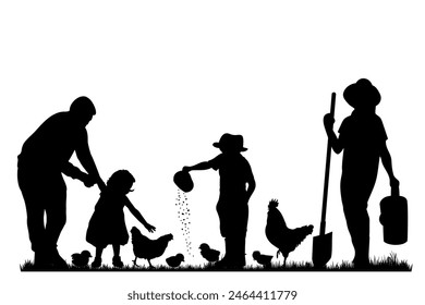 Siluetas familiares. Padre, madre y alimenta a las gallinas. Ilustración vectorial	