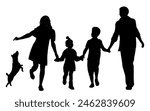 Family silhouettes. Father and mother walking with children and a dog. Vector illustration