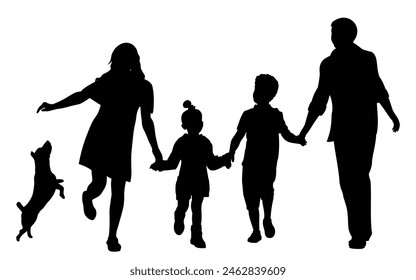 Family silhouettes. Father and mother walking with children and a dog. Vector illustration