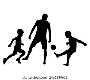 Family silhouettes. Father playing football with children. Vector illustration	