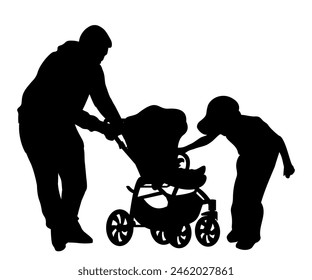 Family silhouettes. Father with son and baby in stroller. Vector illustration.