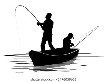 Family silhouettes. Father and son fishing in a boat. Vector illustration	
