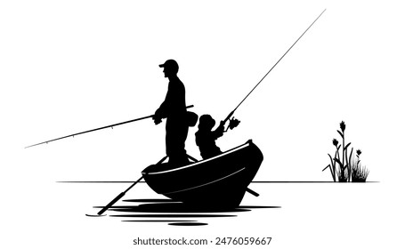 Family silhouettes. Father and son fishing in a boat. Vector illustration	
