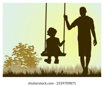 Family silhouettes. Father swings his daughter. Vector illustration.	