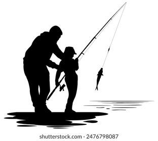 Family silhouettes. Father teaches son fishing. Vector illustration