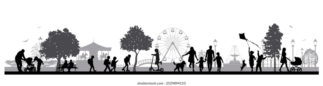 Family silhouettes. Groups of people, father, mother and children strolling in the city park. Vector illustration	
