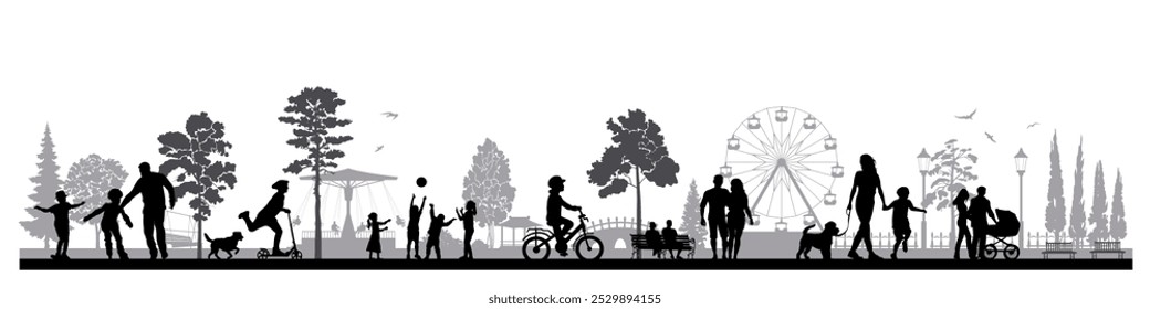 Family silhouettes. Groups of people, father, mother and children strolling in the city park. Vector illustration	
