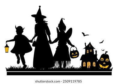 Family silhouettes with halloween objects on white background. Happy Halloween. Vector illustration	
