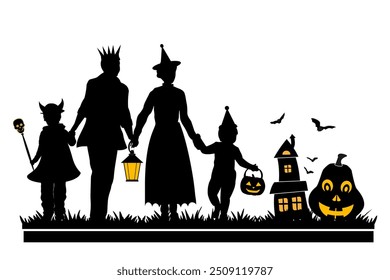 Siluetas familiares con objetos de halloween sobre fondo blanco. Feliz Halloween. Ilustración vectorial	
