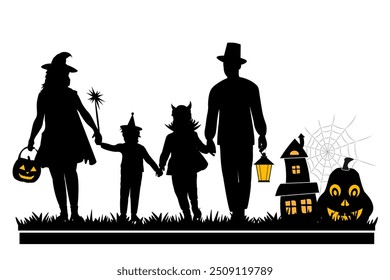 Siluetas familiares con objetos de halloween sobre fondo blanco. Feliz Halloween. Ilustración vectorial	
