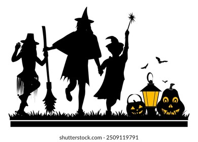 Family silhouettes with halloween objects on white background. Happy Halloween. Vector illustration	
