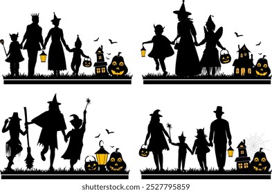 Siluetas familiares con objetos de halloween sobre fondo blanco. Feliz Halloween. Ilustración vectorial	