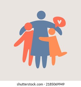 Family Silhouettes. Happy Family Icon Multicolored In Simple Figures. Single Mom And Children Stand Together. Speech Bubble And Heart. Vector Can Be Used As Logotype.