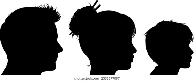 Family of silhouettes. Heads of child, woman and man with face in silhouette profile.