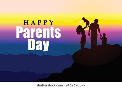 Family Silhouettes, Landscape, Family Day, Home Concept, Love, Social Media Post Vector Template.  Happy family in front of the sunset vector illustration.