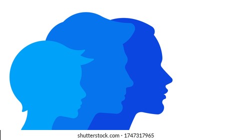 Family: silhouettes of mom, dad and child. Abstract members of the same family who look in the same direction. Vector template, design element, banner.