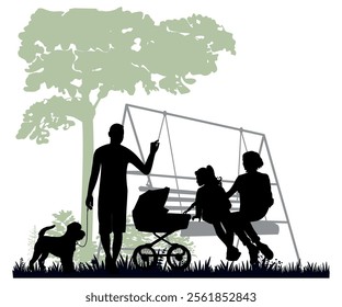 Family silhouettes. Mother and father with children on a swing bench. Vector illustration.	
