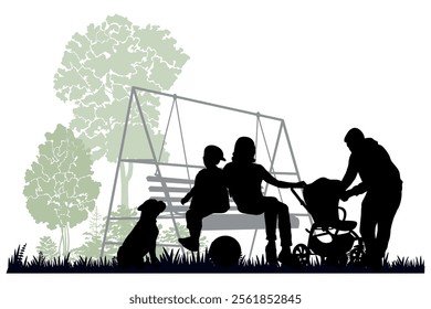 Family silhouettes. Mother and father with children on a swing bench. Vector illustration.	
