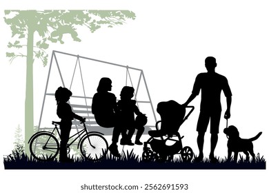 Family silhouettes. Mother and father with children on a swing bench. Vector illustration.	