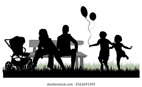 Family silhouettes. Mother and father with children on a swing bench. Vector illustration.	
	
