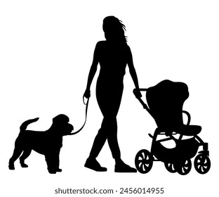 Family silhouettes. Mother walking with baby in stroller. Vector illustration.