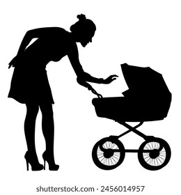 Family silhouettes. Mother walking with baby in stroller. Vector illustration.