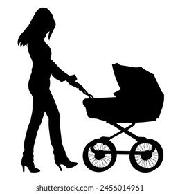 Family silhouettes. Mother walking with baby in stroller. Vector illustration.