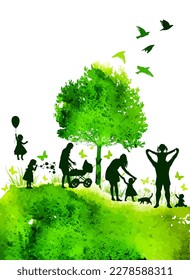 Family silhouettes in nature. Vector illustration