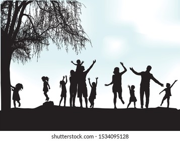 Family silhouettes in nature, vector work.