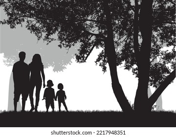 Family silhouettes in nature. vector work.	