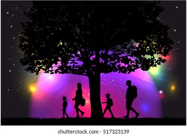 Family silhouettes in nature.Colorful lights in the background.