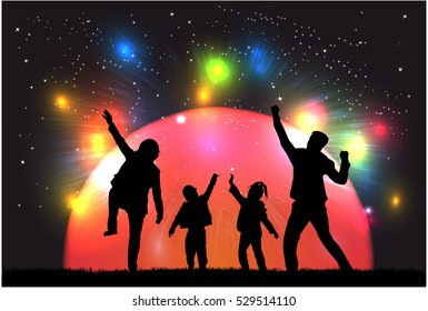 Family silhouettes in nature.Colorful lights in the background.