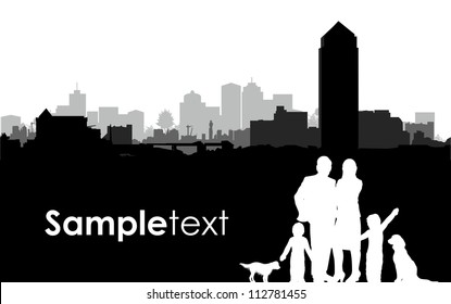 family silhouettes on a cityscape background