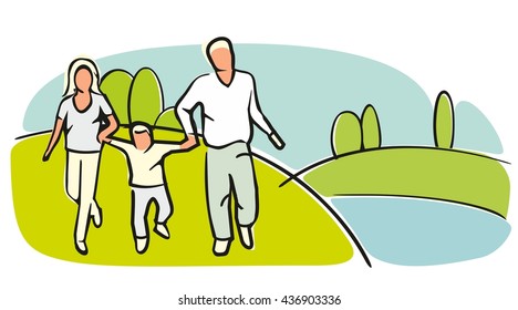 Family silhouettes on grassy field on a cloudless summer day. Flat vector color illustration.
