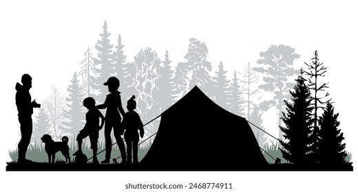 Family silhouettes on white background. Father, mother and children set up a tent in the forest. Vector illustration
