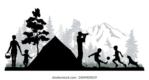 Family silhouettes on white background. Father, mother and children in a forest camp. Vector illustration