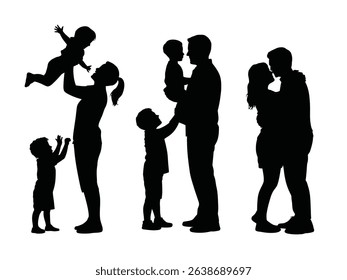 Family Silhouettes of Parents and Children in Loving and Playful Poses