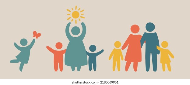 Familiensilhouettes Set. Fröhliche Familiensymbol mehrfarbig in einfachen Zahlen. Mädchen und Schmetterling. Alleinerziehende Eltern und Kinder. Mama, Papa und Kinder stehen zusammen. Vektorgrafik kann als Logo verwendet werden.