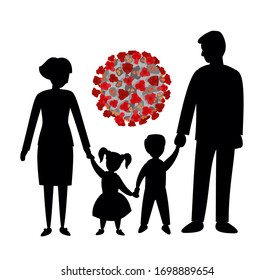 Family silhouettes standing and holding each other. Coronavirus Symbol in the center. Covid-19 pandemic help, protection, cases and quarantine. Sars-CoV-2 impact on society. Stay at home guidelines. 